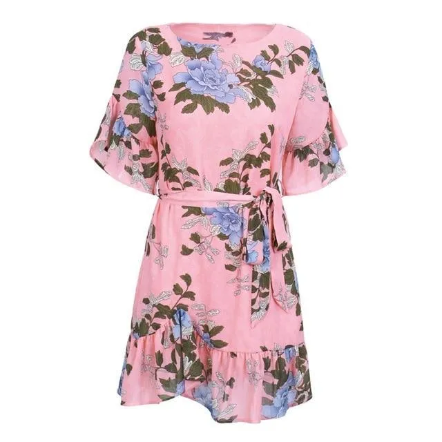 Sash Floral Print Boho Elegant Ruffle Sleeve Robe Dress