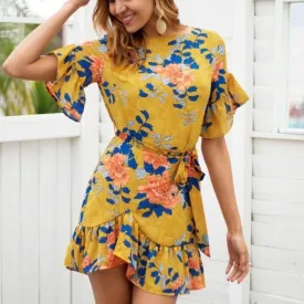 Sash Floral Print Boho Elegant Ruffle Sleeve Robe Dress