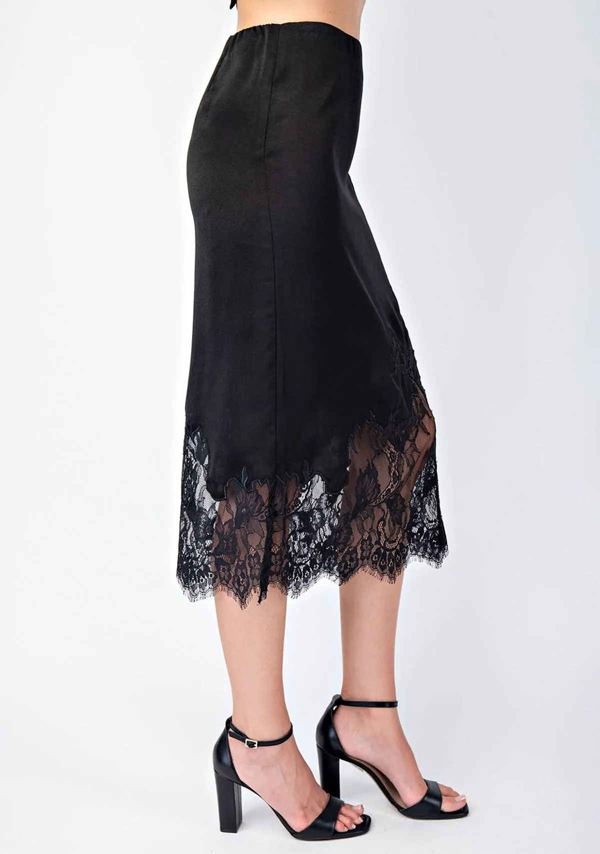 Scalloped Lace Embroided Satin Midi Skirt Black