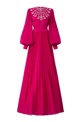 Scarlet Pleated Bishop Sleeved Silk Maxi Dress