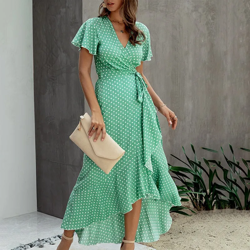 Sexy Polka Dot Plus Size Ruffled High Waist V-neck Summer Dress