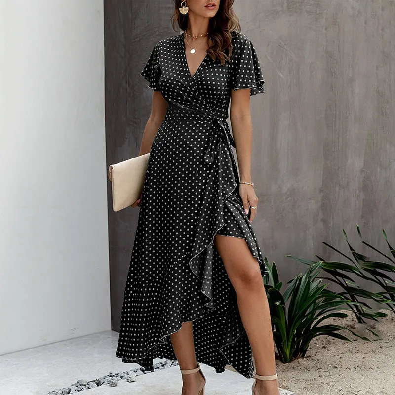 Sexy Polka Dot Plus Size Ruffled High Waist V-neck Summer Dress