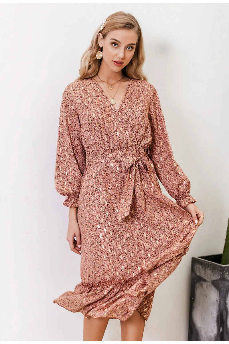 Sexy V-neck Printed Ruffled Elegant Long Sleeve Pleated Bohemian Maxi Dress