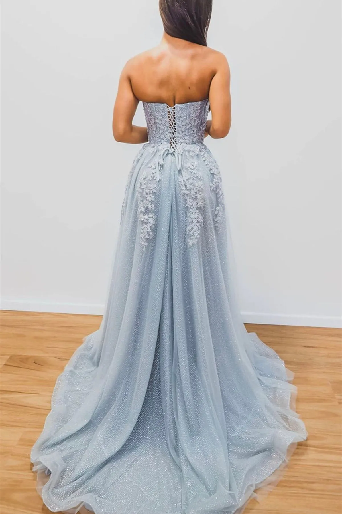 Shiny Tulle Strapless Light Blue Lace Long Prom Dress with High Slit, Light Blue Lace Formal Graduation Evening Dress A1451