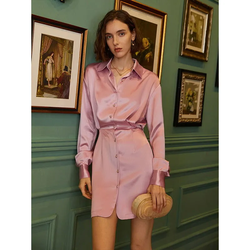 Silk Acetate French Slim Dress Casual Fitted Waist Shirt Dress