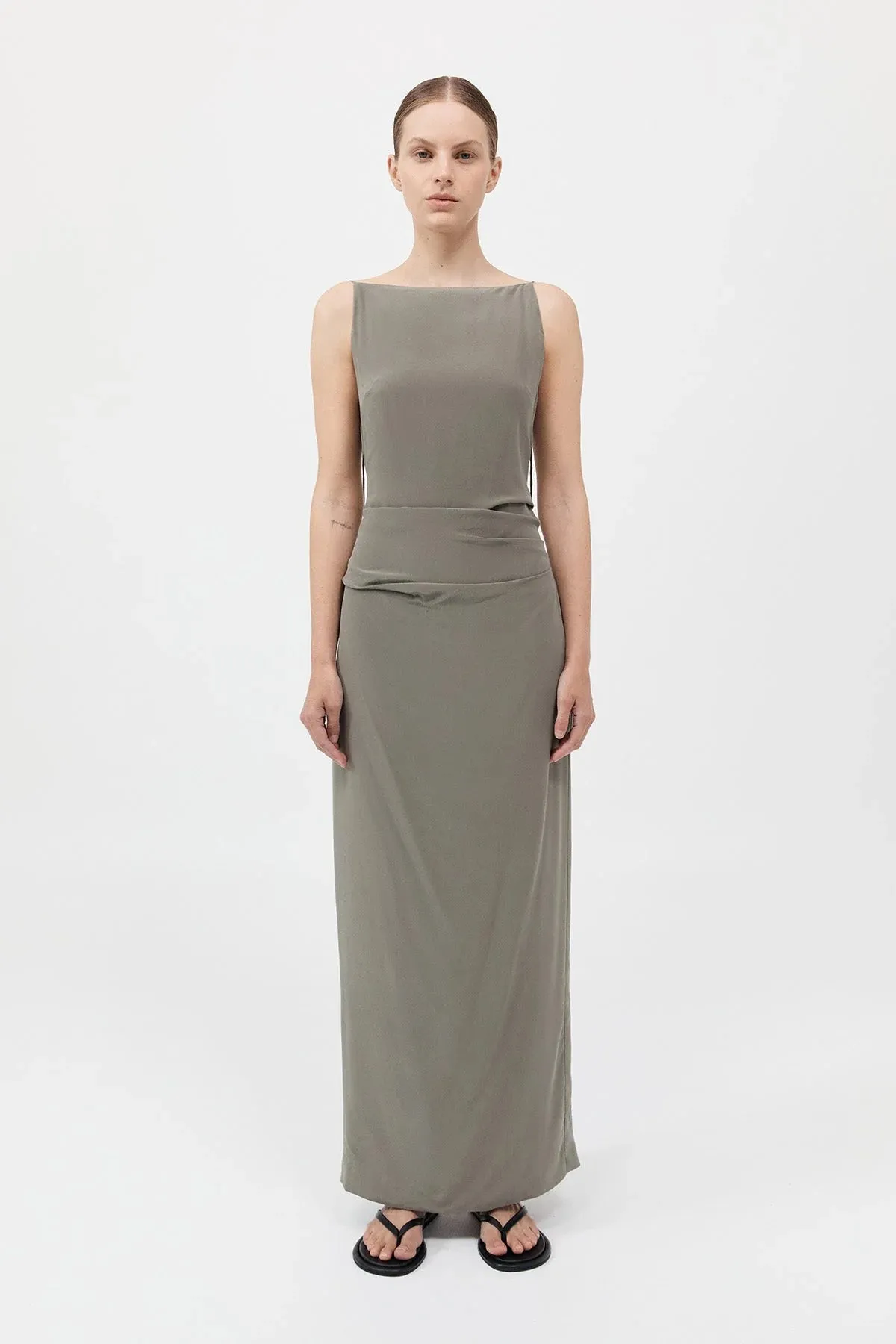 Silk Tuck Dress - Smokey Olive