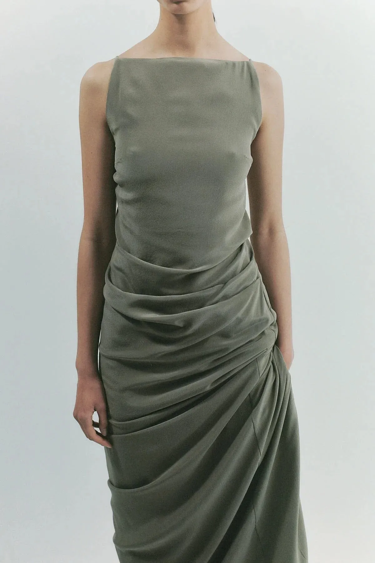 Silk Tuck Dress - Smokey Olive