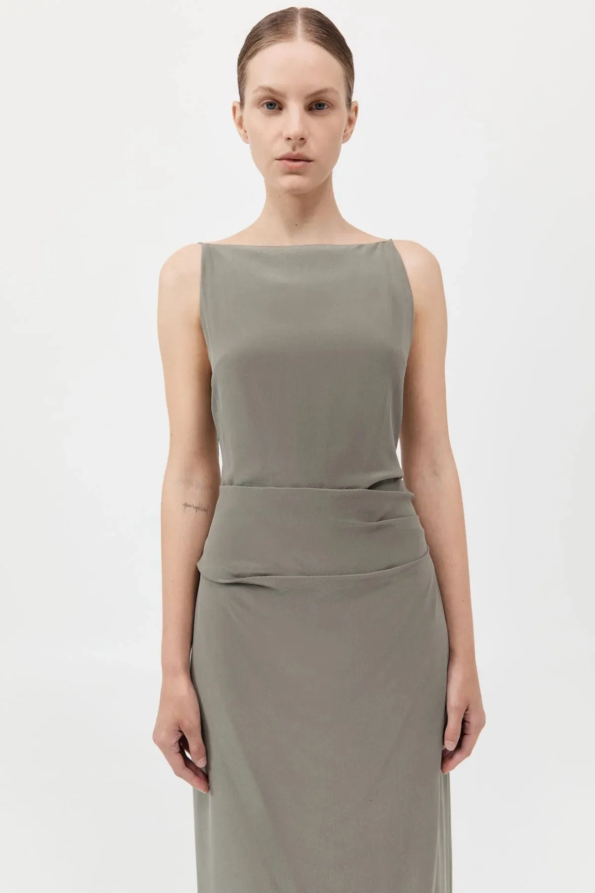 Silk Tuck Dress - Smokey Olive