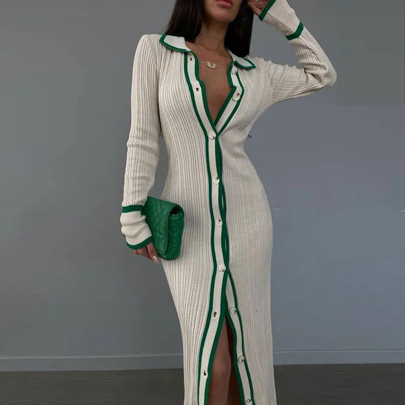 Slim Collared Patchwork Women Long Sleeved Cardigan Dress