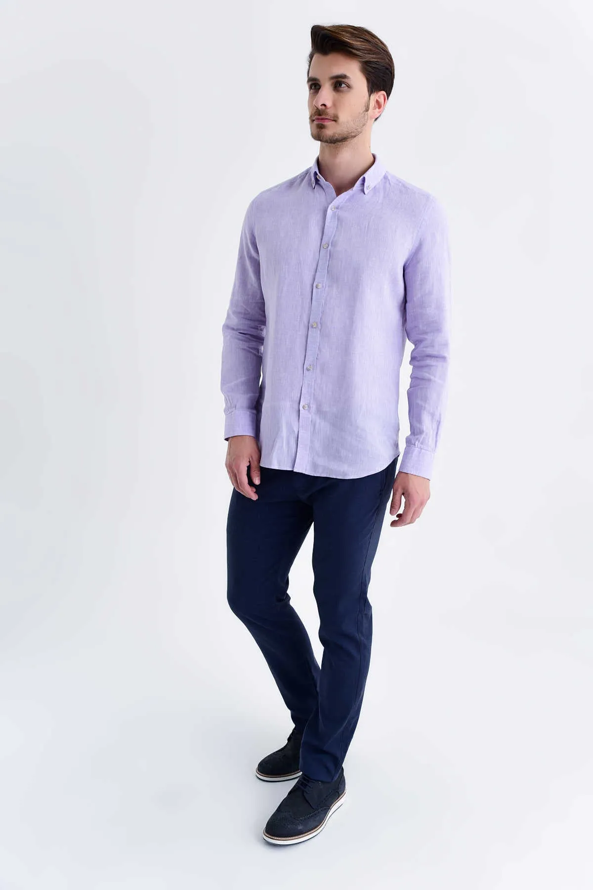 Slim Fit Long Sleeve Linen Lilac Dress Shirt