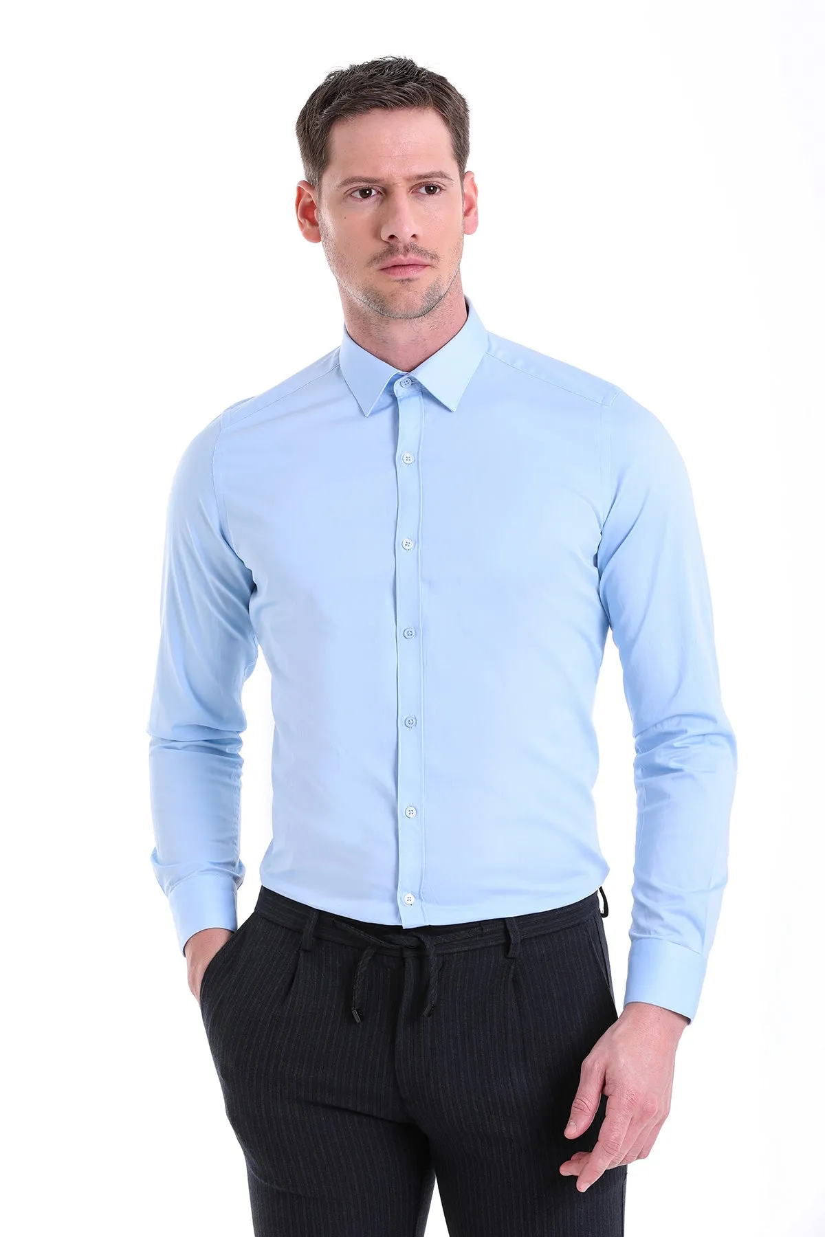 Slim Fit Long Sleeve Plain Cotton Dress Shirt, Light. Blue