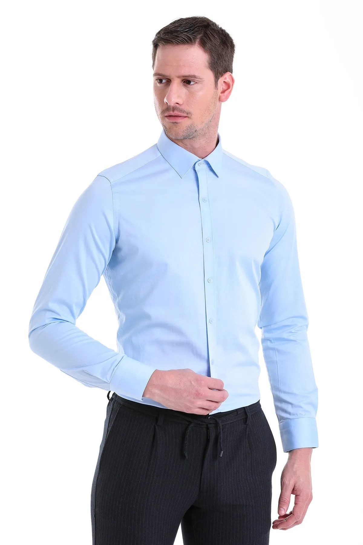 Slim Fit Long Sleeve Plain Cotton Dress Shirt, Light. Blue