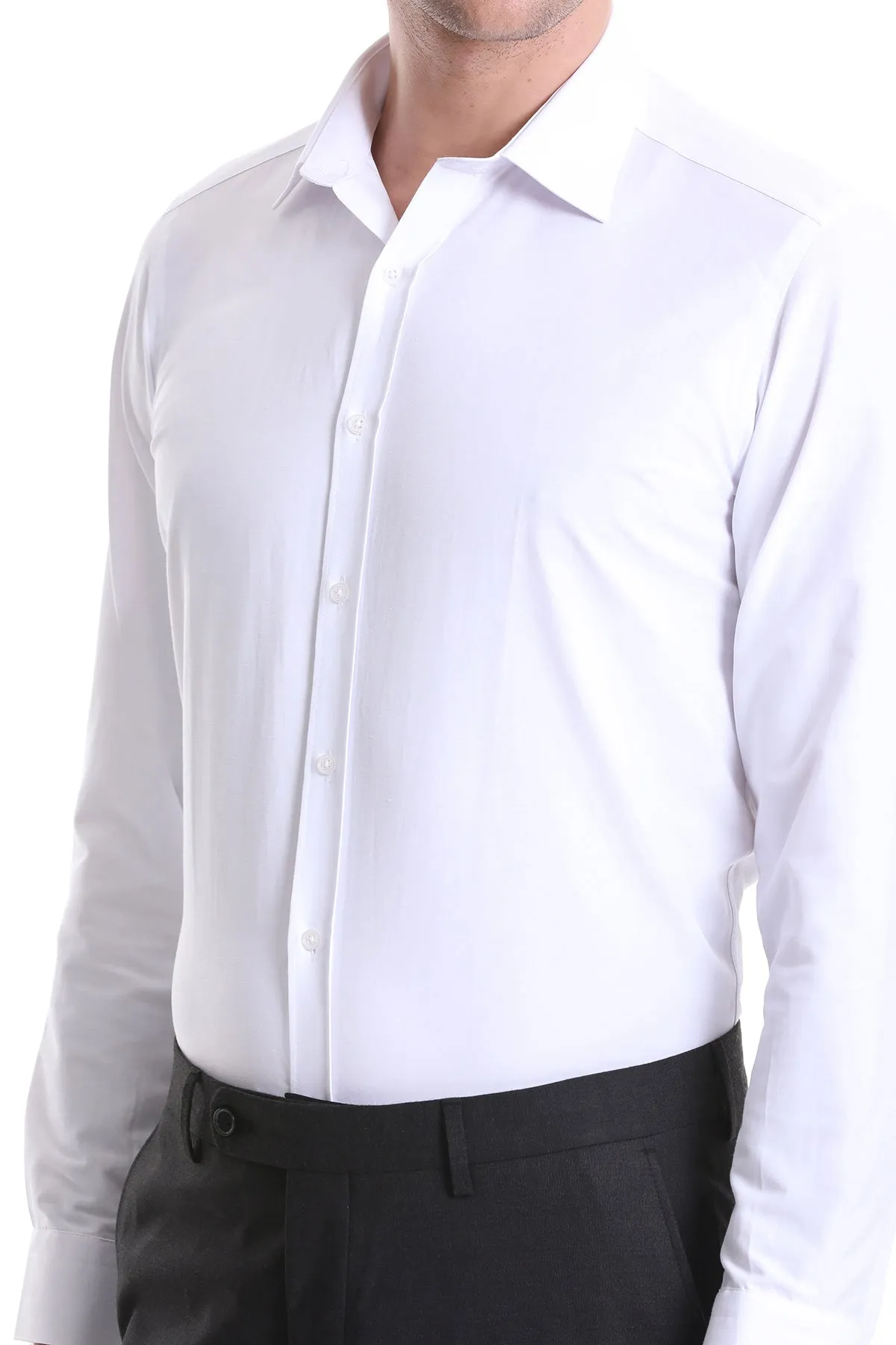 Slim Fit White Cotton Blend Dress Shirt