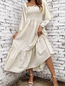 Smocked Square Neck Long Sleeve Dress