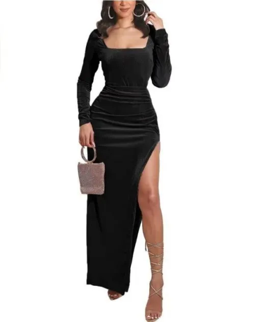 Spring And Autumn 2024 Canary Dress Fashion Sexy High Waist Square Collar Slit Long Dress Elegant Evening Dress