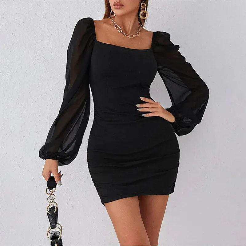 Square Collar Sexy Elegant Hip Dress Women's Mesh Stitching Long-Sleeved Pleated Slim-Fit Dress Spring Summer Commuting Wear