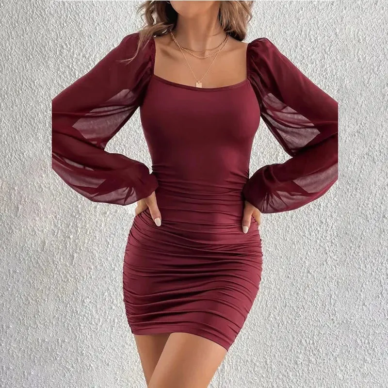 Square Collar Sexy Elegant Hip Dress Women's Mesh Stitching Long-Sleeved Pleated Slim-Fit Dress Spring Summer Commuting Wear