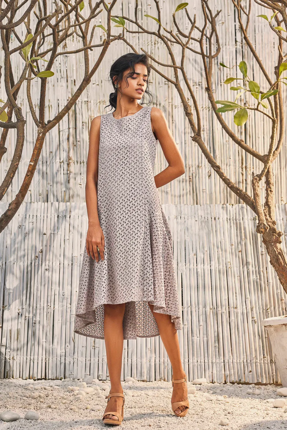 Steel Grey High-Low Cutwork Flared Dress