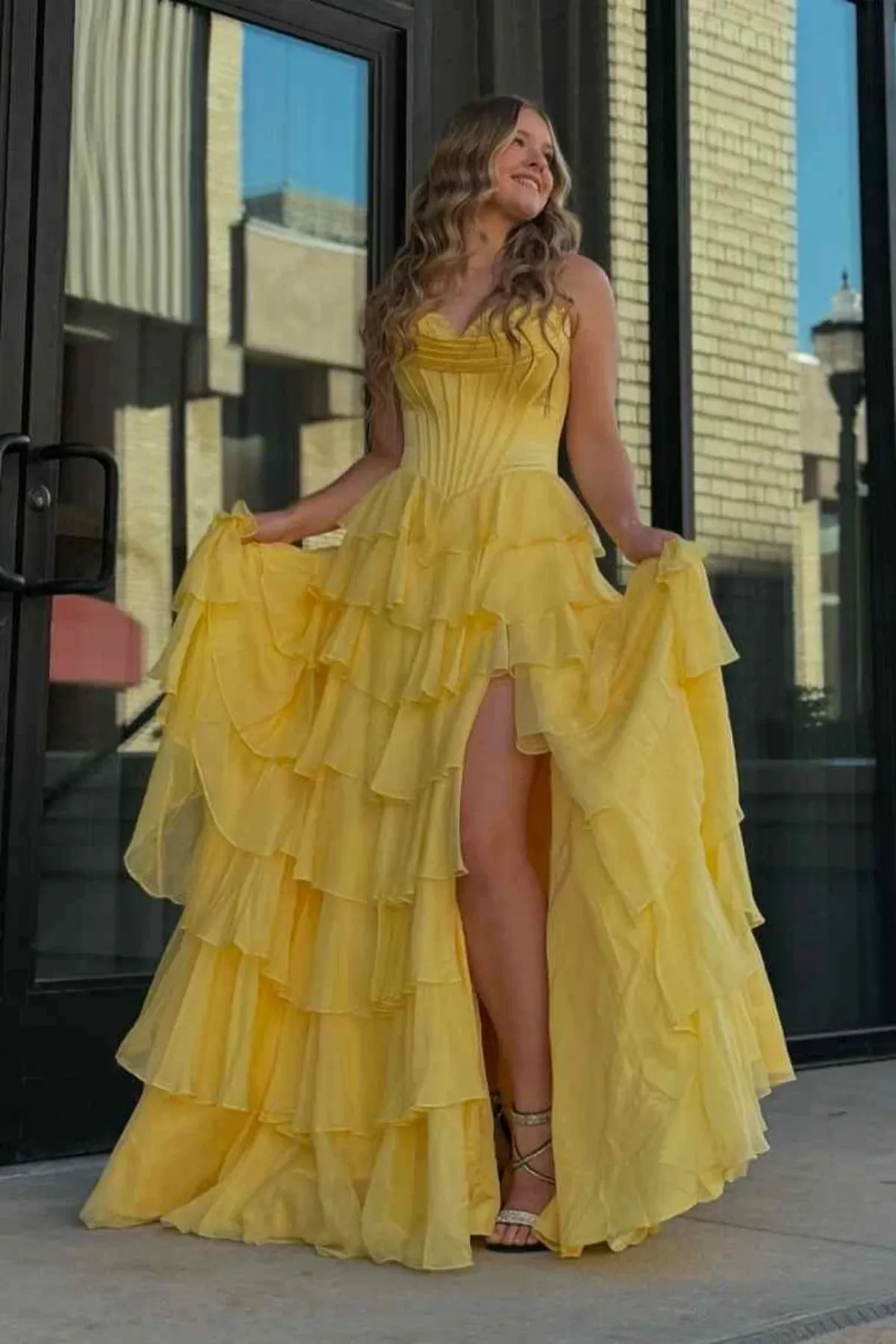 Strapless Sweetheart Neck Yellow Layered Prom Dress with High Slit, Long Yellow Formal Graduation Evening Dress A2228