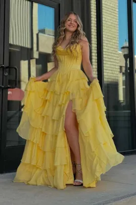 Strapless Sweetheart Neck Yellow Layered Prom Dress with High Slit, Long Yellow Formal Graduation Evening Dress A2228