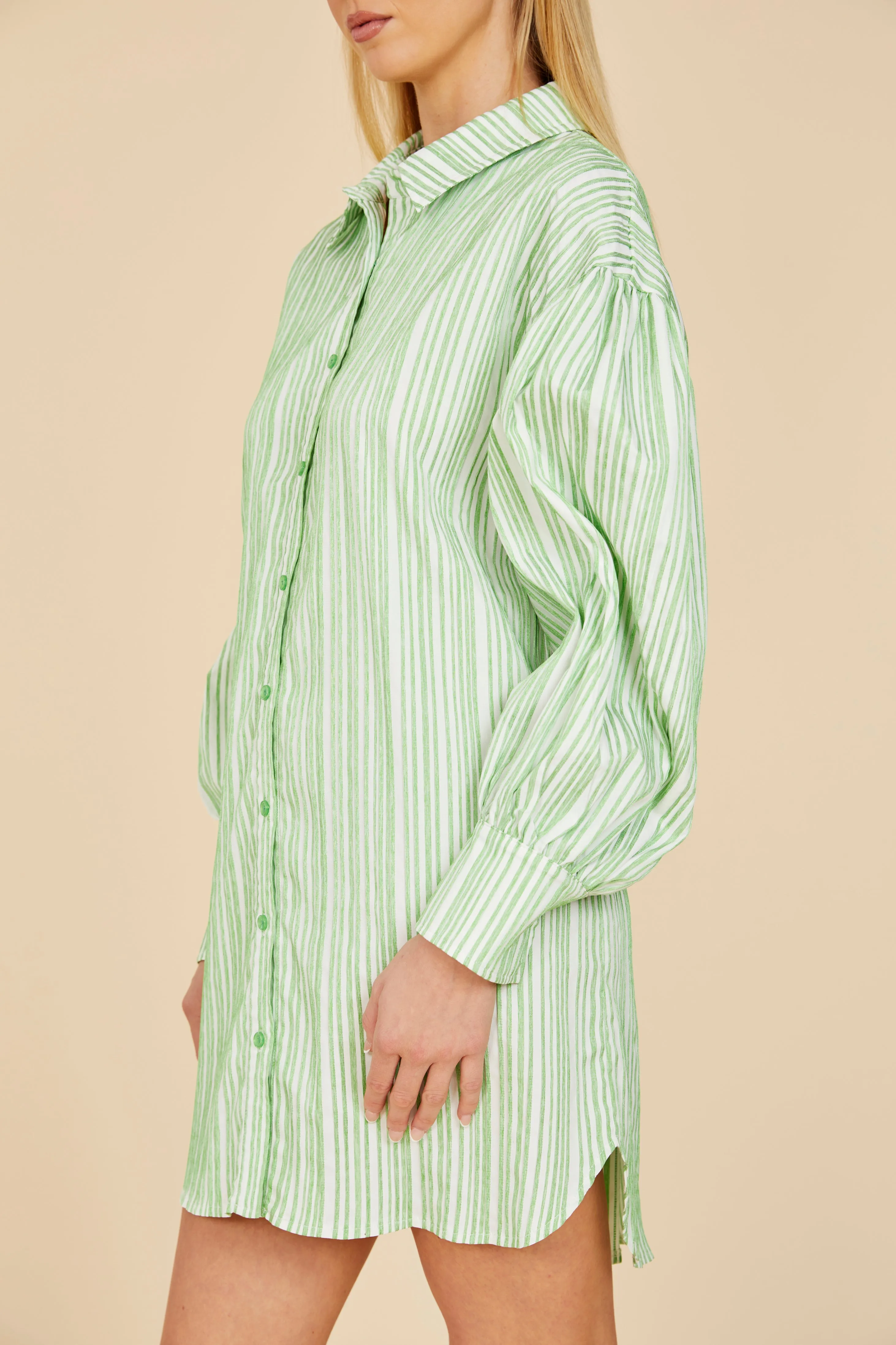 Striped Balloon Sleeve Shirt Dress