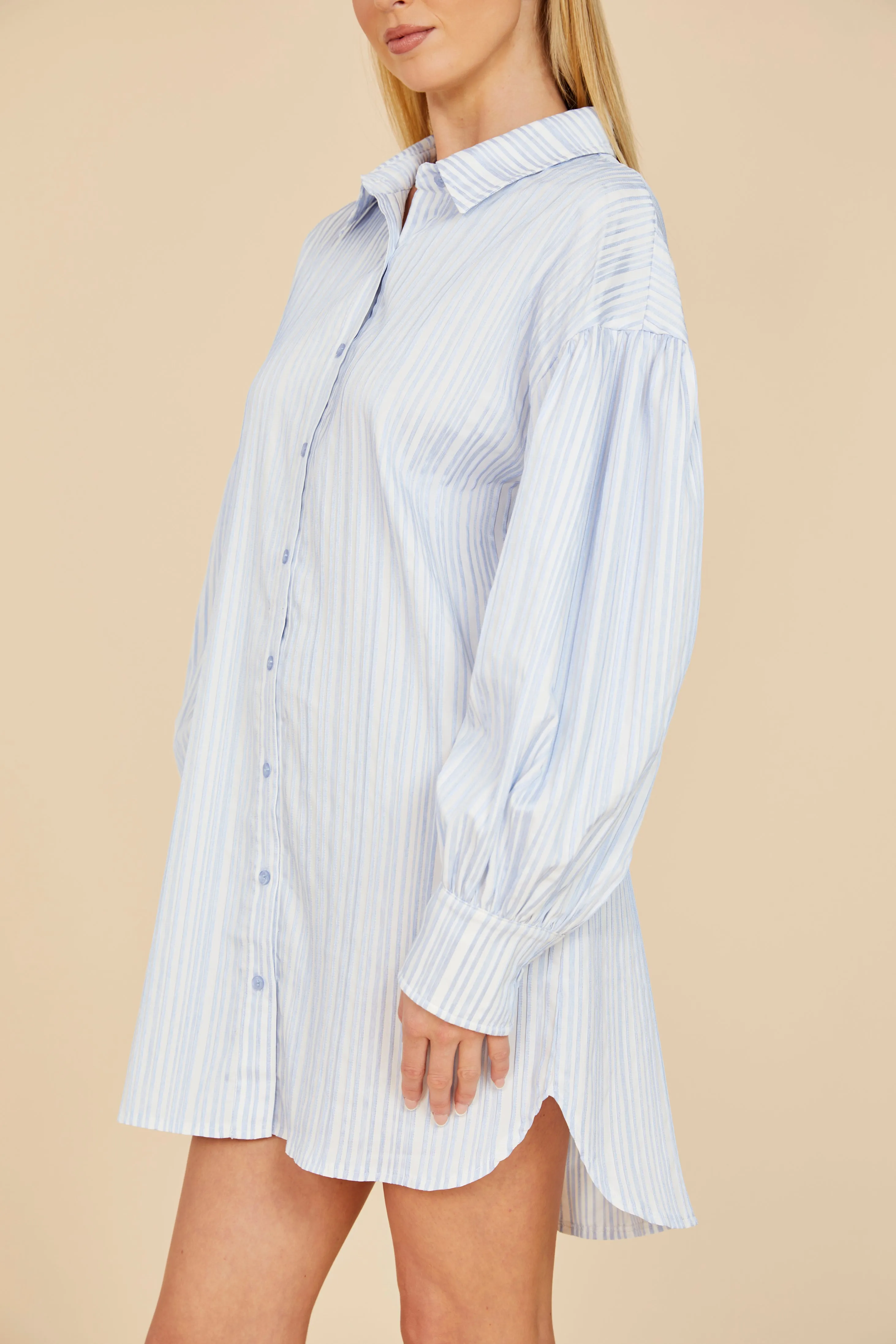 Striped Balloon Sleeve Shirt Dress