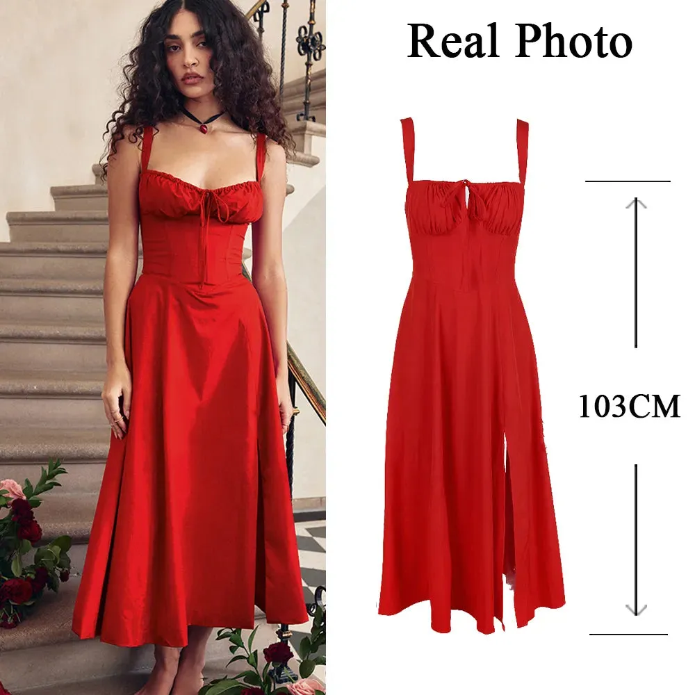 suninheart Elegant  A Line Midi Dress Sexy Spaghetti Strap Lace Up Red Holiday Party Dresses Split Summer Dresses Women 2023