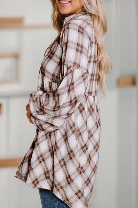 Take My Hand - Plaid Bubble Sleeve Shirt Dress