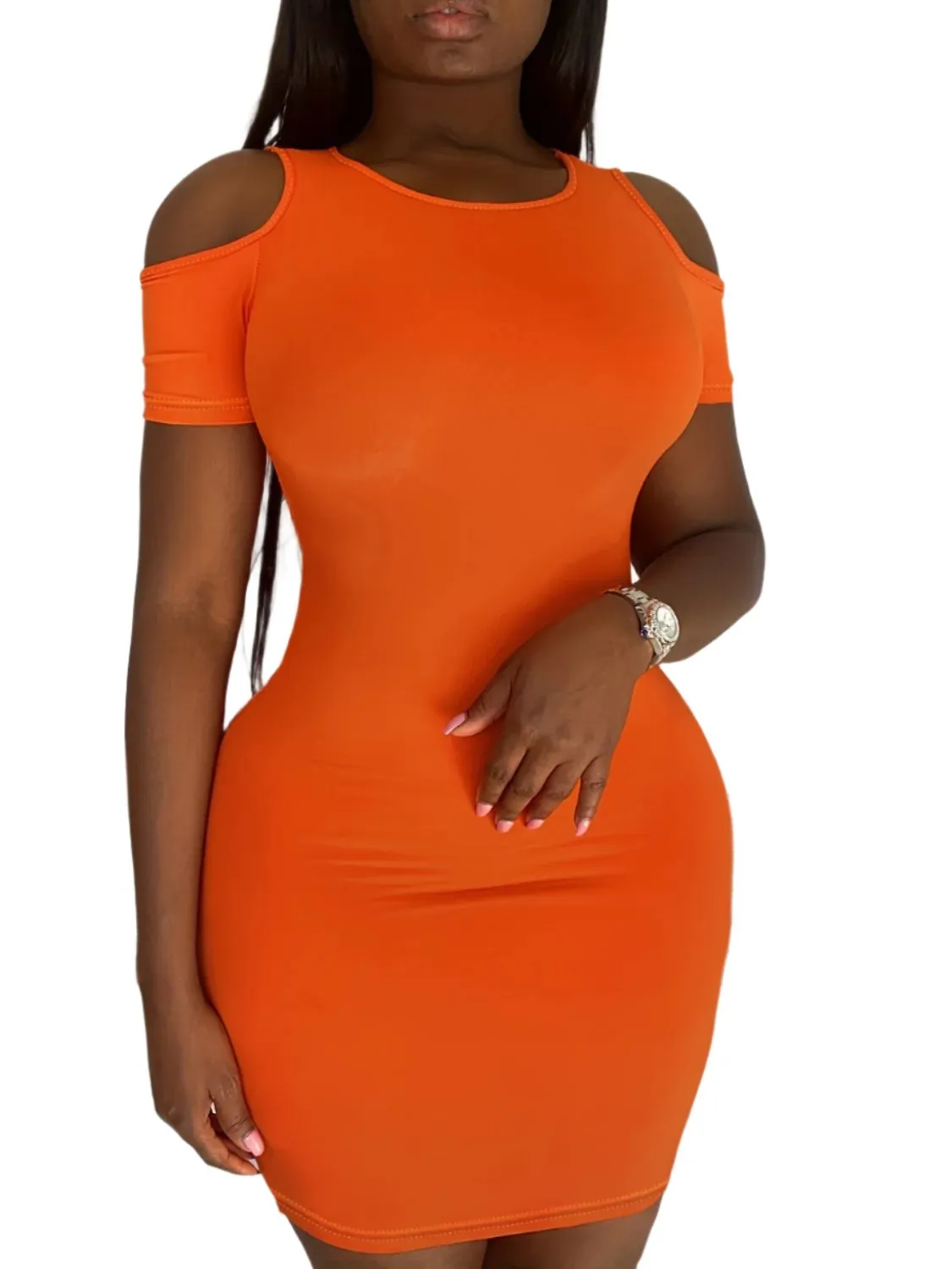 TEEK - Orange Plus Size Cold Shoulder Short Sleeve Dress