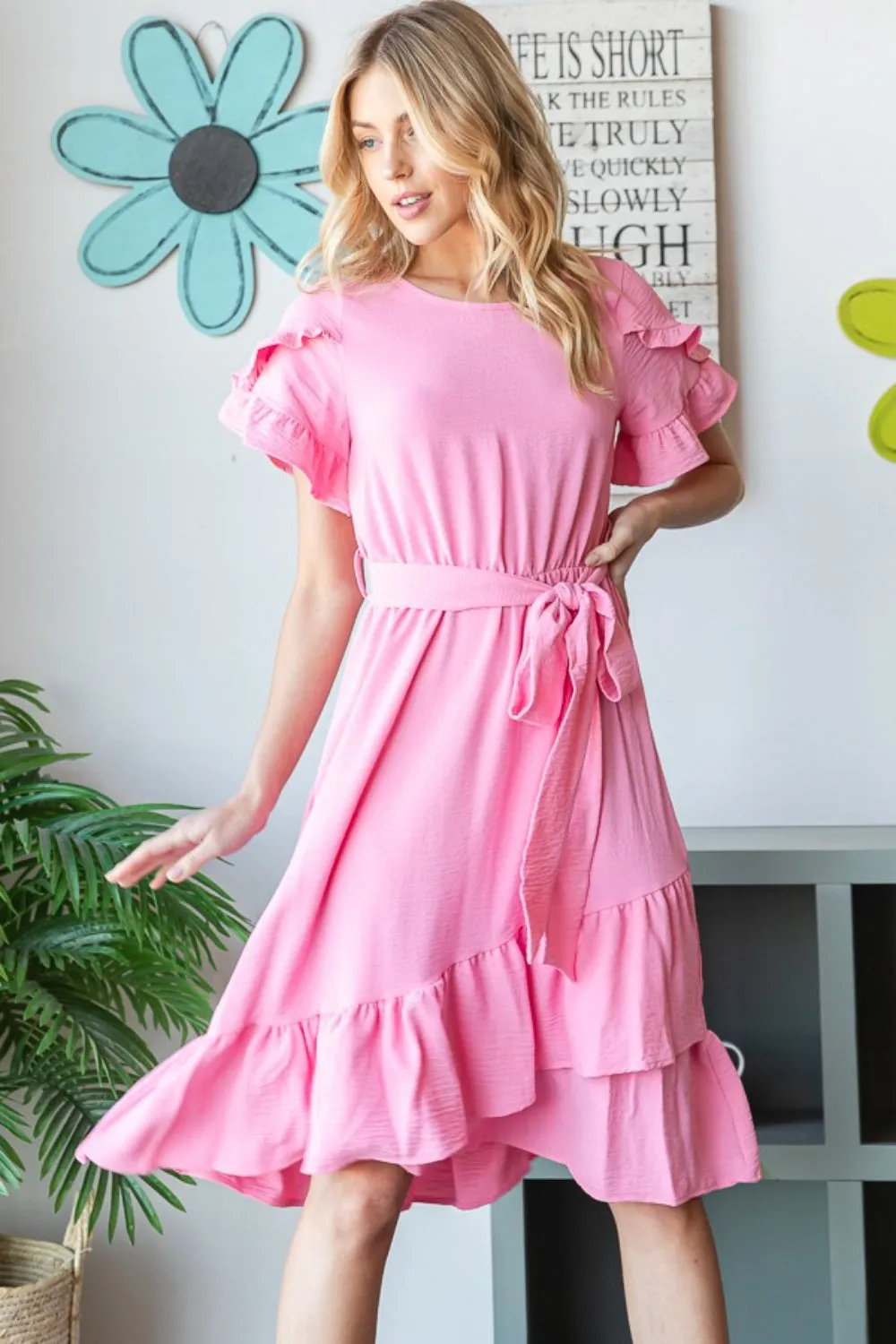 Tie Front Ruffled Short Sleeve Dress