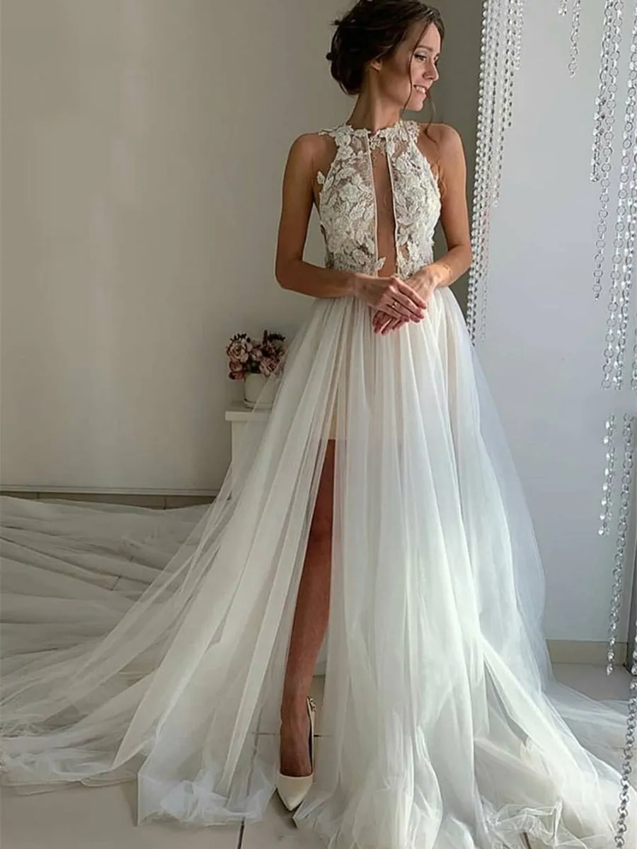 Unique High Neck Lace White Tulle Long Prom Wedding with High Split, White Lace Formal Evening