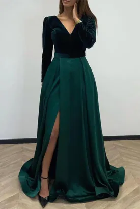 V Neck Long Sleeves Green Long Prom Dress with Velvet Top, Green Formal Graduation Evening Dress with High Slit A1723