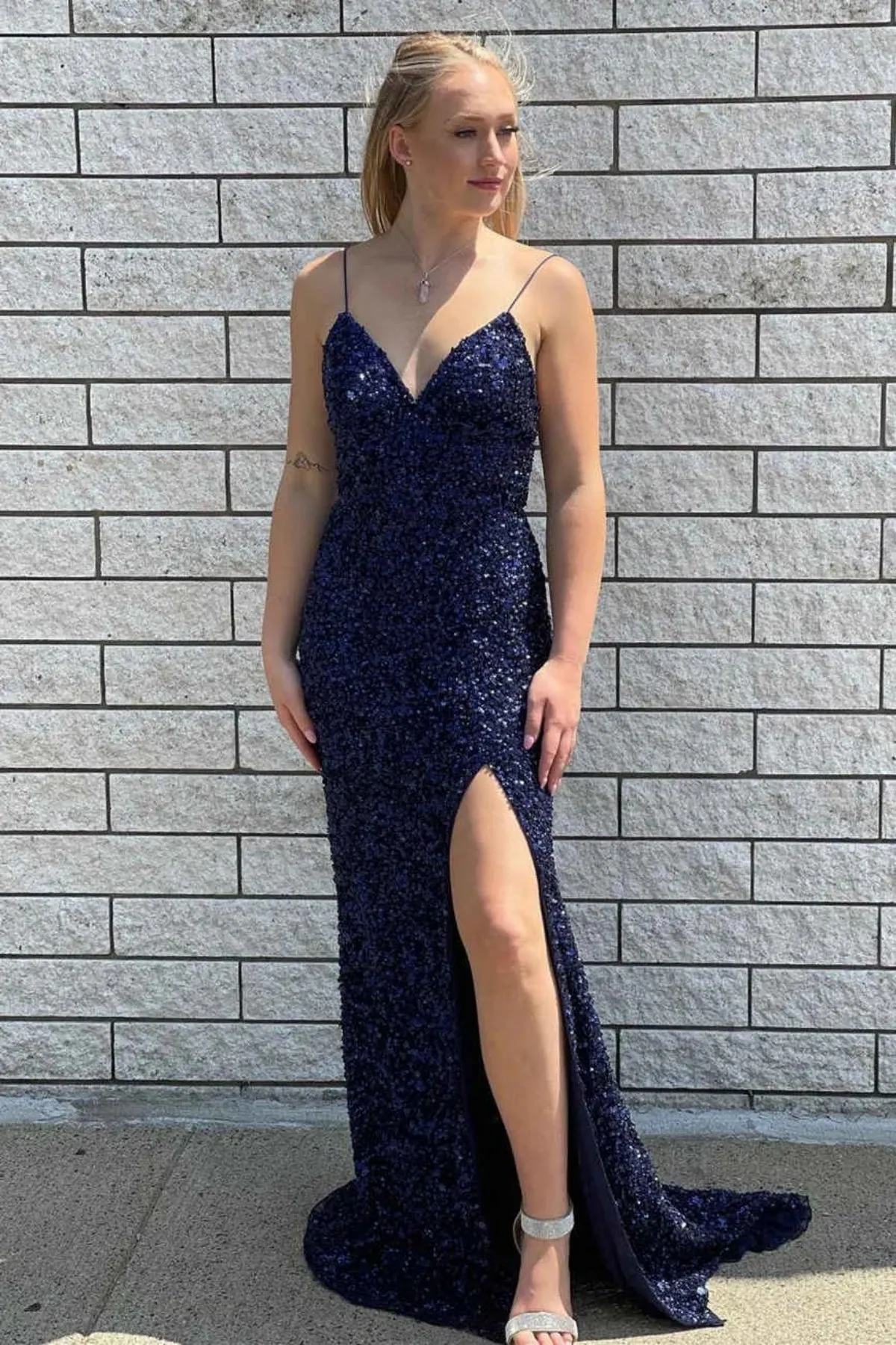 V Neck Open Back Mermaid Navy Blue Sequins Long Prom Dress with High Slit, Mermaid Navy Blue Formal Graduation Evening Dress A2233