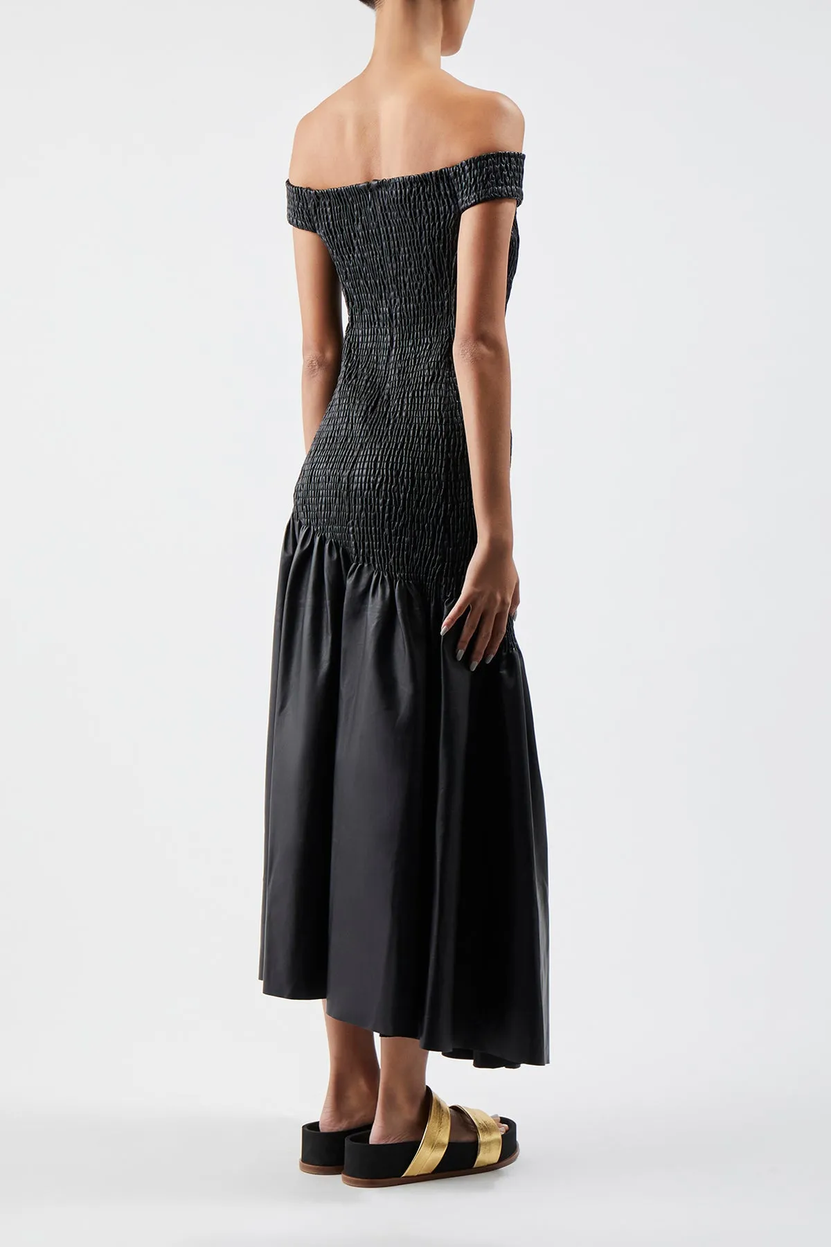 Veloso Shirred Dress in Black Nappa Leather