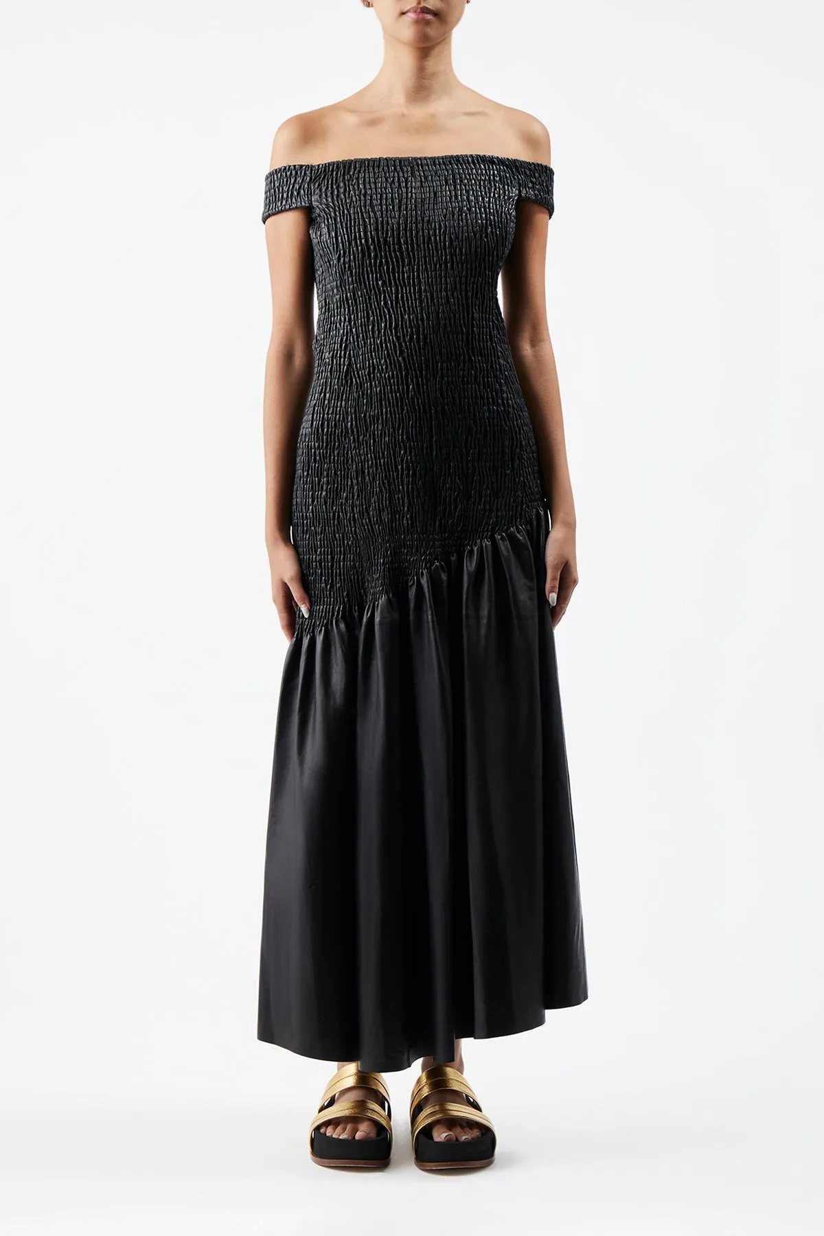 Veloso Shirred Dress in Black Nappa Leather