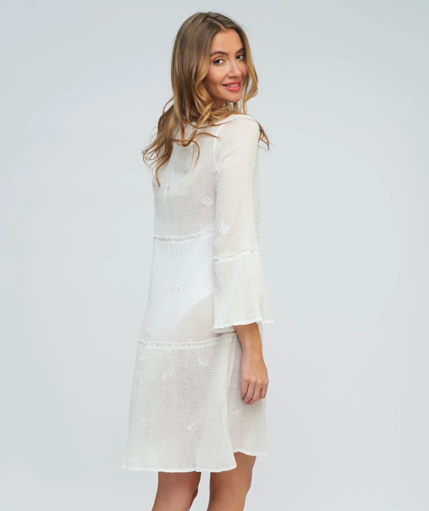 White Cotton Sun Dress with Floral Embroidery and Bell Sleeves