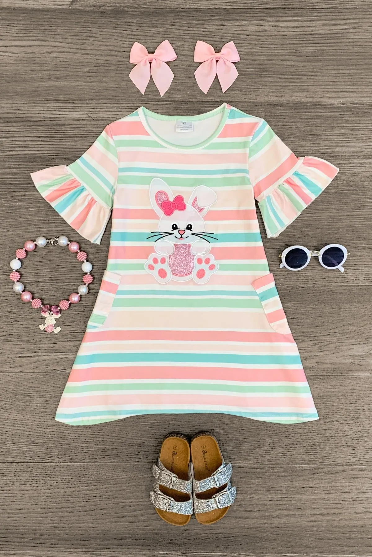 White Glitter Bunny Pastel Stripe Dress