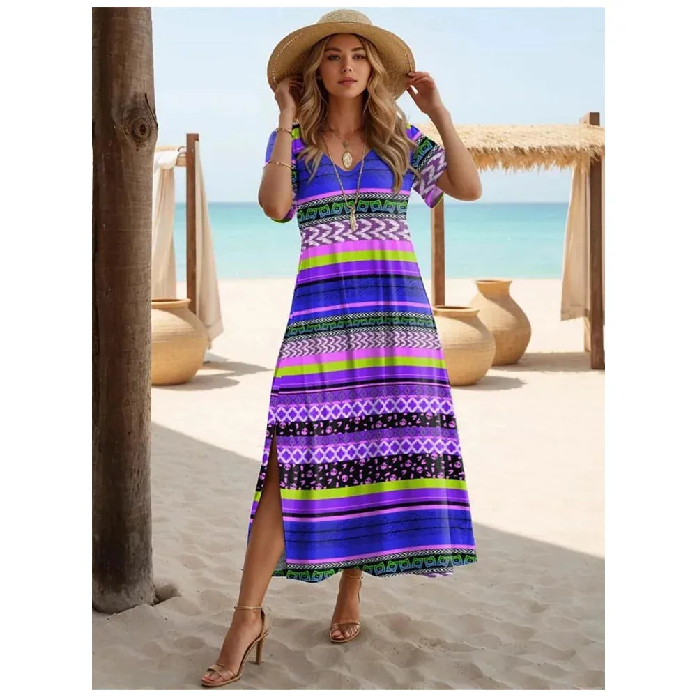 Women's Casual Dress Geometric Stripe Split Print V-Neck Long Dress Loose Streetwear Summer Holiday Short Sleeve Women Dresses