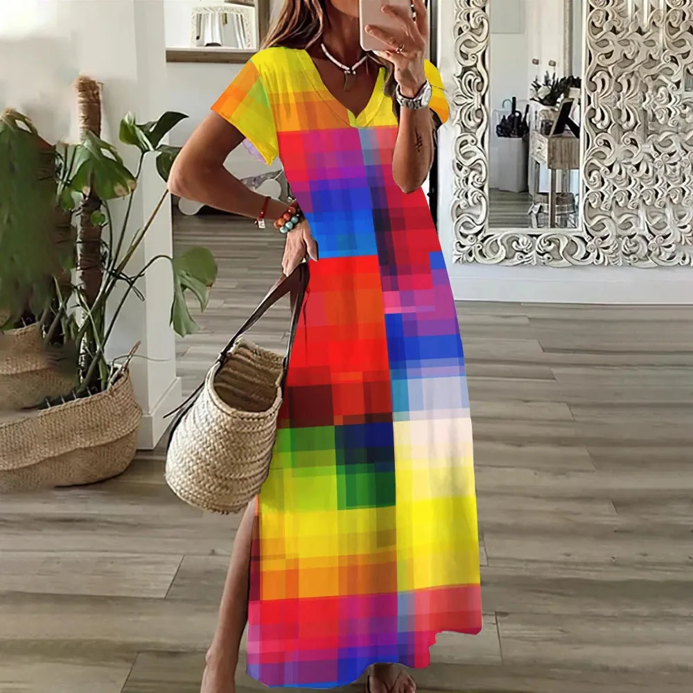 Women's Casual Dress Geometric Stripe Split Print V-Neck Long Dress Loose Streetwear Summer Holiday Short Sleeve Women Dresses