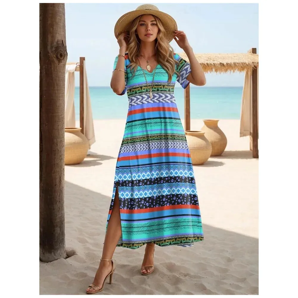 Women's Casual Dress Geometric Stripe Split Print V-Neck Long Dress Loose Streetwear Summer Holiday Short Sleeve Women Dresses