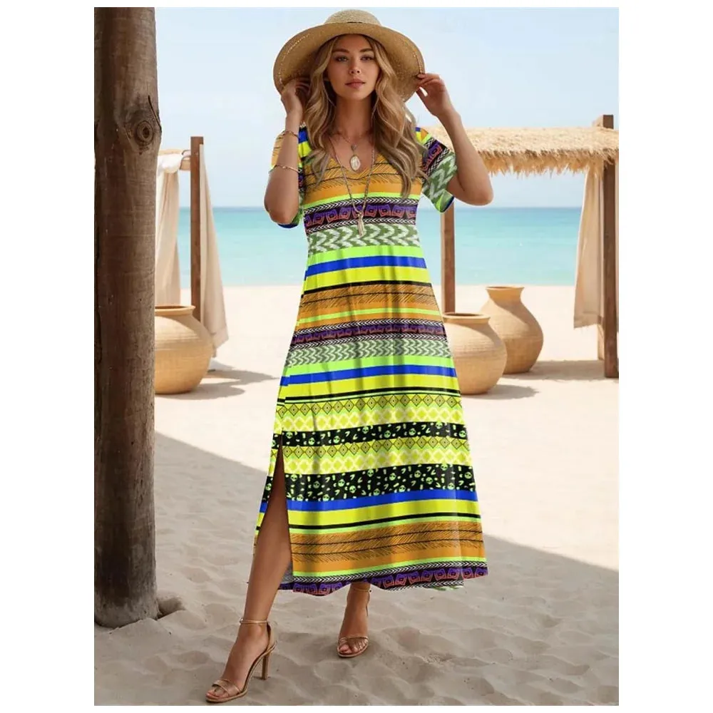 Women's Casual Dress Geometric Stripe Split Print V-Neck Long Dress Loose Streetwear Summer Holiday Short Sleeve Women Dresses