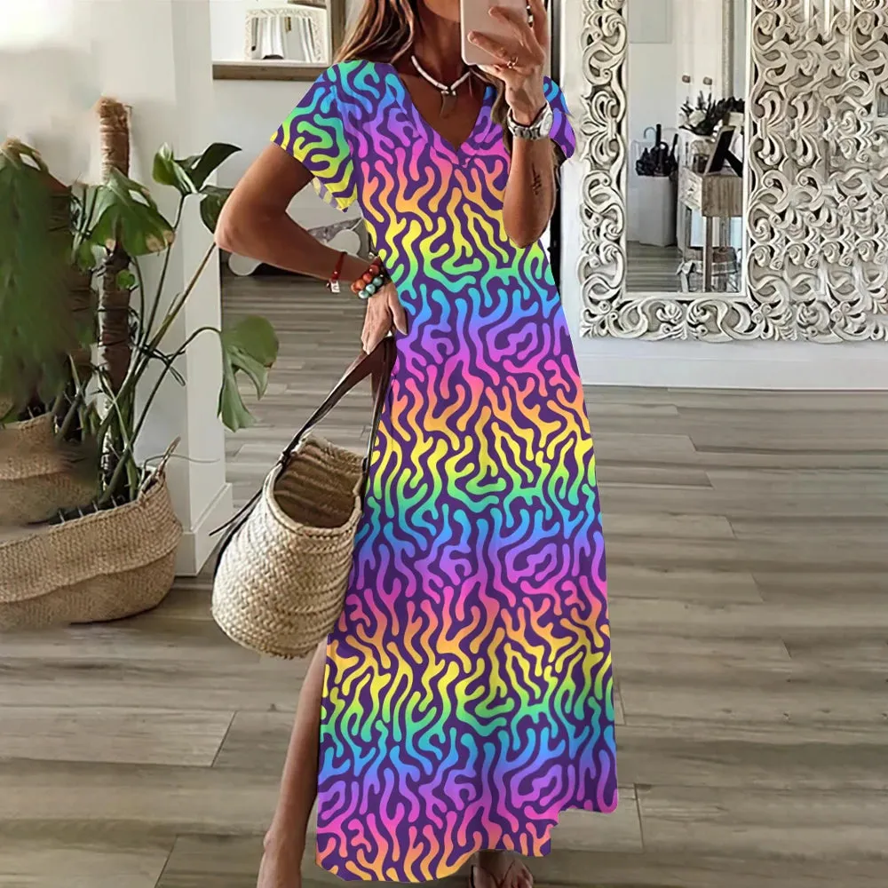 Women's Casual Dress Geometric Stripe Split Print V-Neck Long Dress Loose Streetwear Summer Holiday Short Sleeve Women Dresses