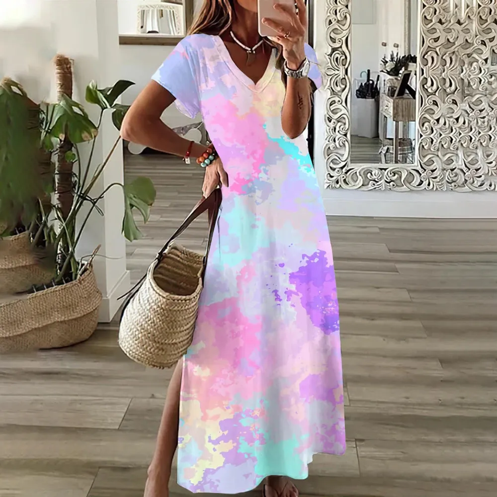 Women's Casual Dress Geometric Stripe Split Print V-Neck Long Dress Loose Streetwear Summer Holiday Short Sleeve Women Dresses