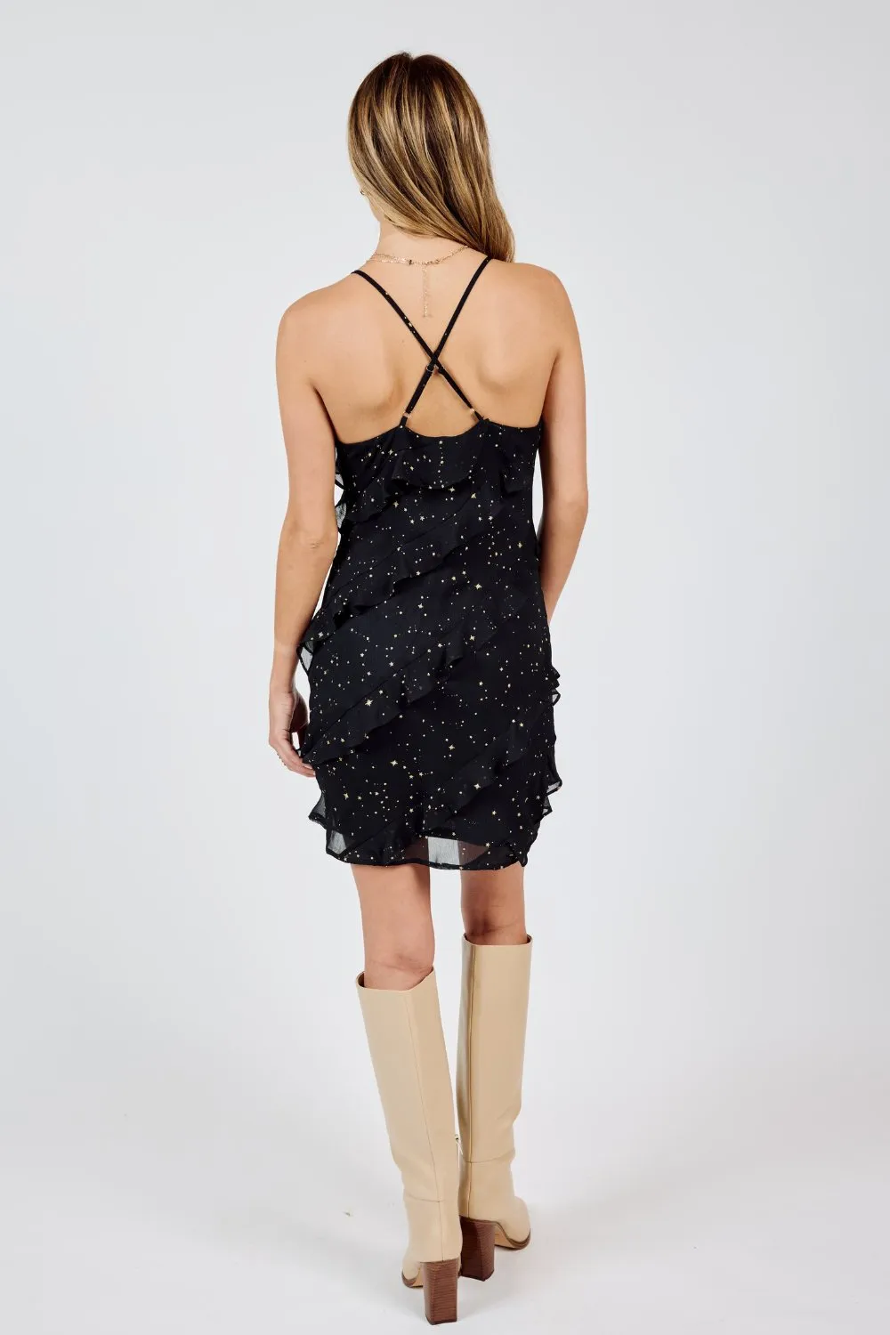 Women's Celestial Ruffle Mini Dress | Chiffon | Black