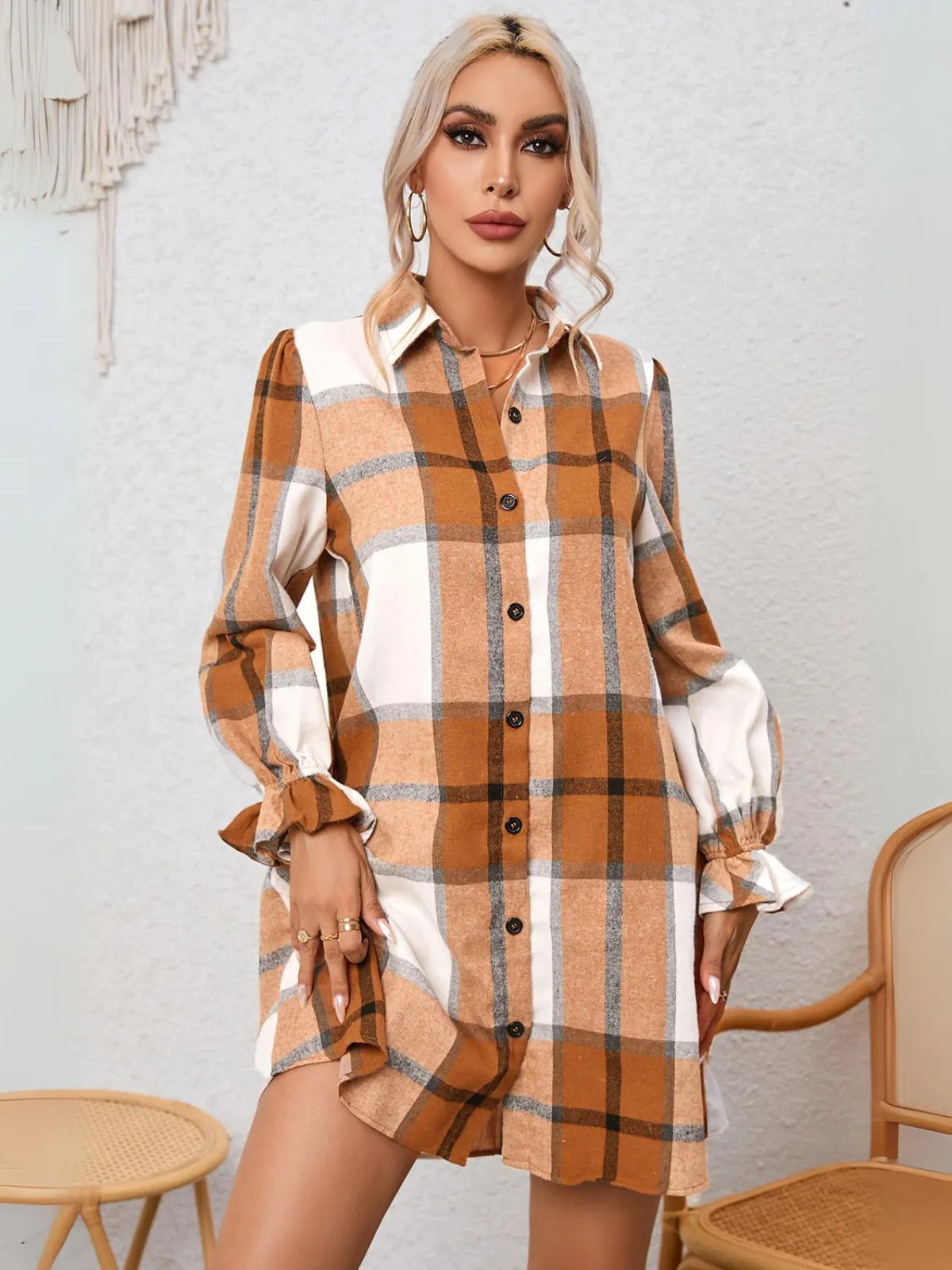 Womens Khaki Plaid Pattern Collared Neck Ruffled Sleeve Shirt Dress