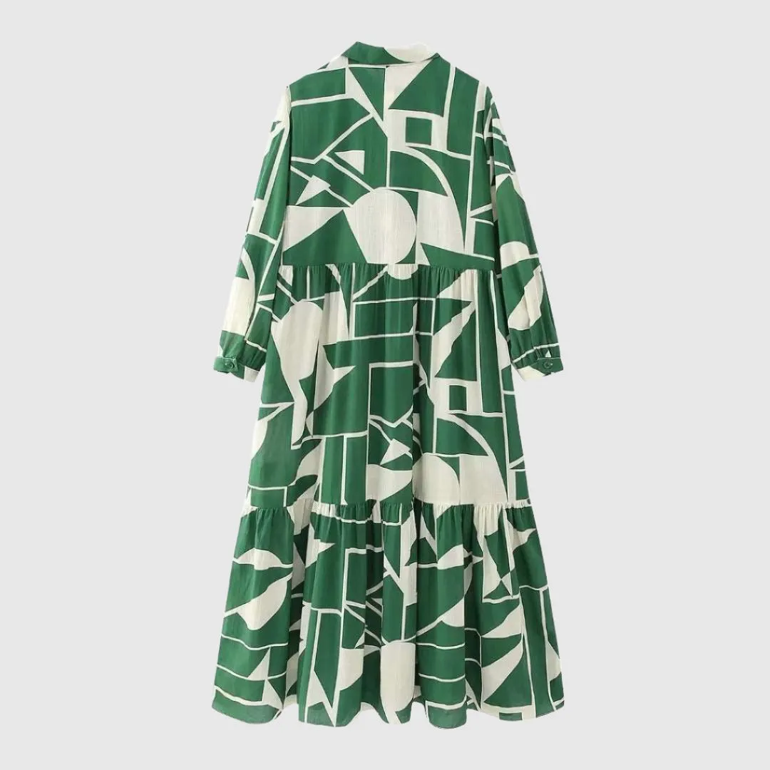 Women's Long Sleeved Green Printed Shirt Dress