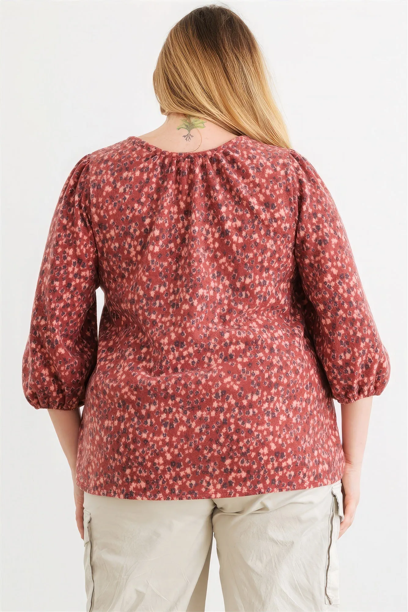 Women's Plus Burgundy Floral V-neck Midi Sleeve Soft To Touch Top