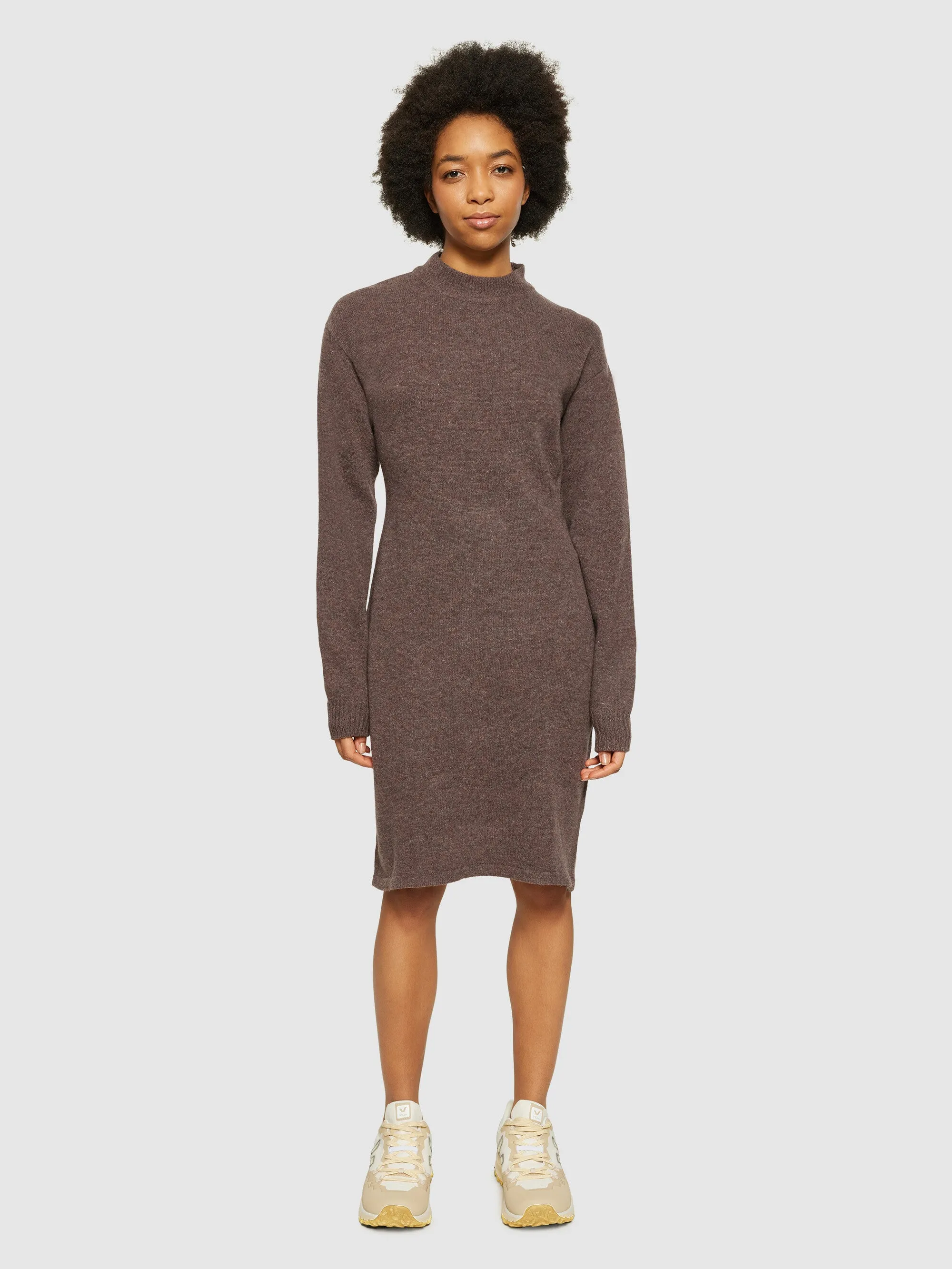 Wool crew neck mid length dress - Demitasse (brown)