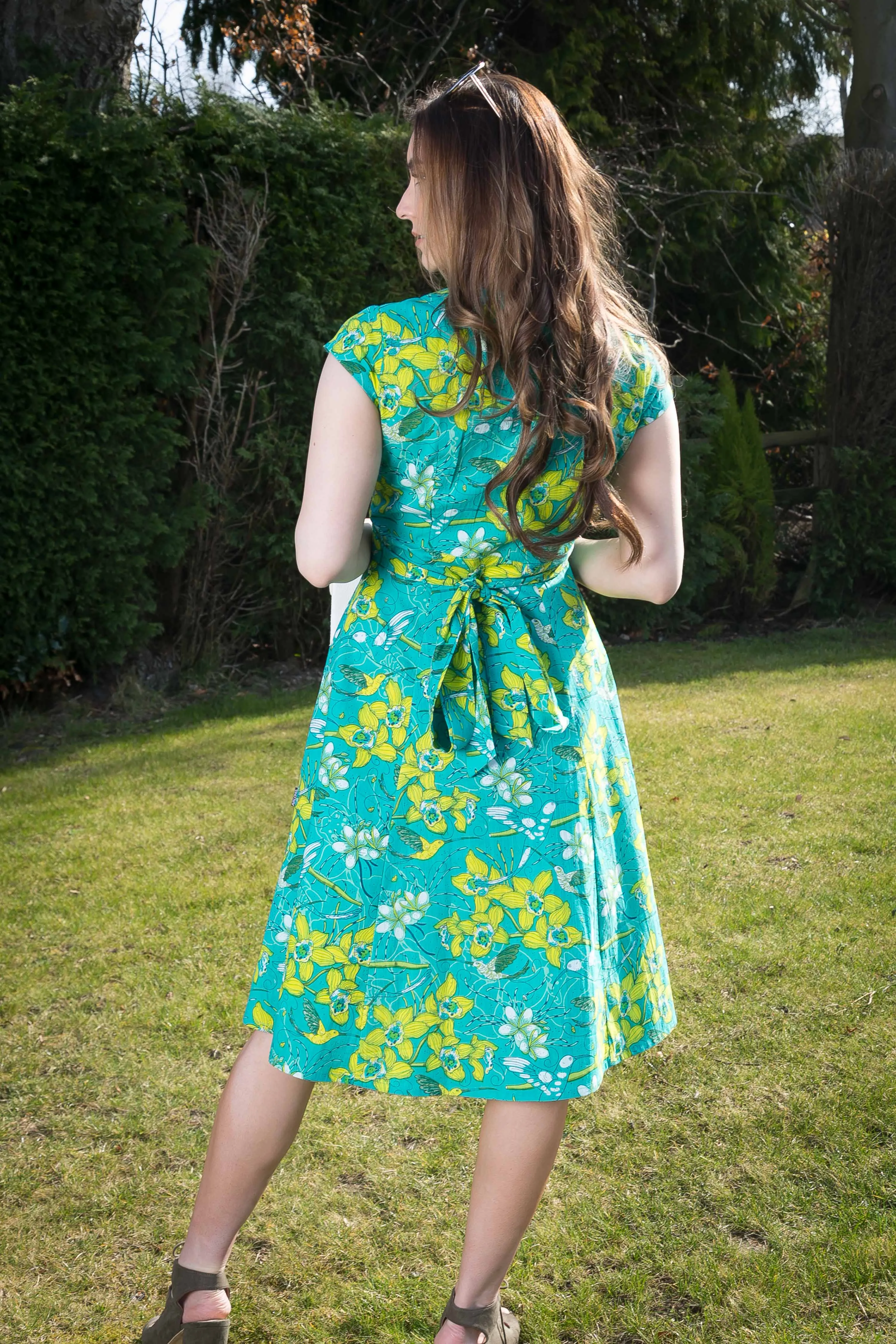 Wrap Cotton Dress Green Yellow Print