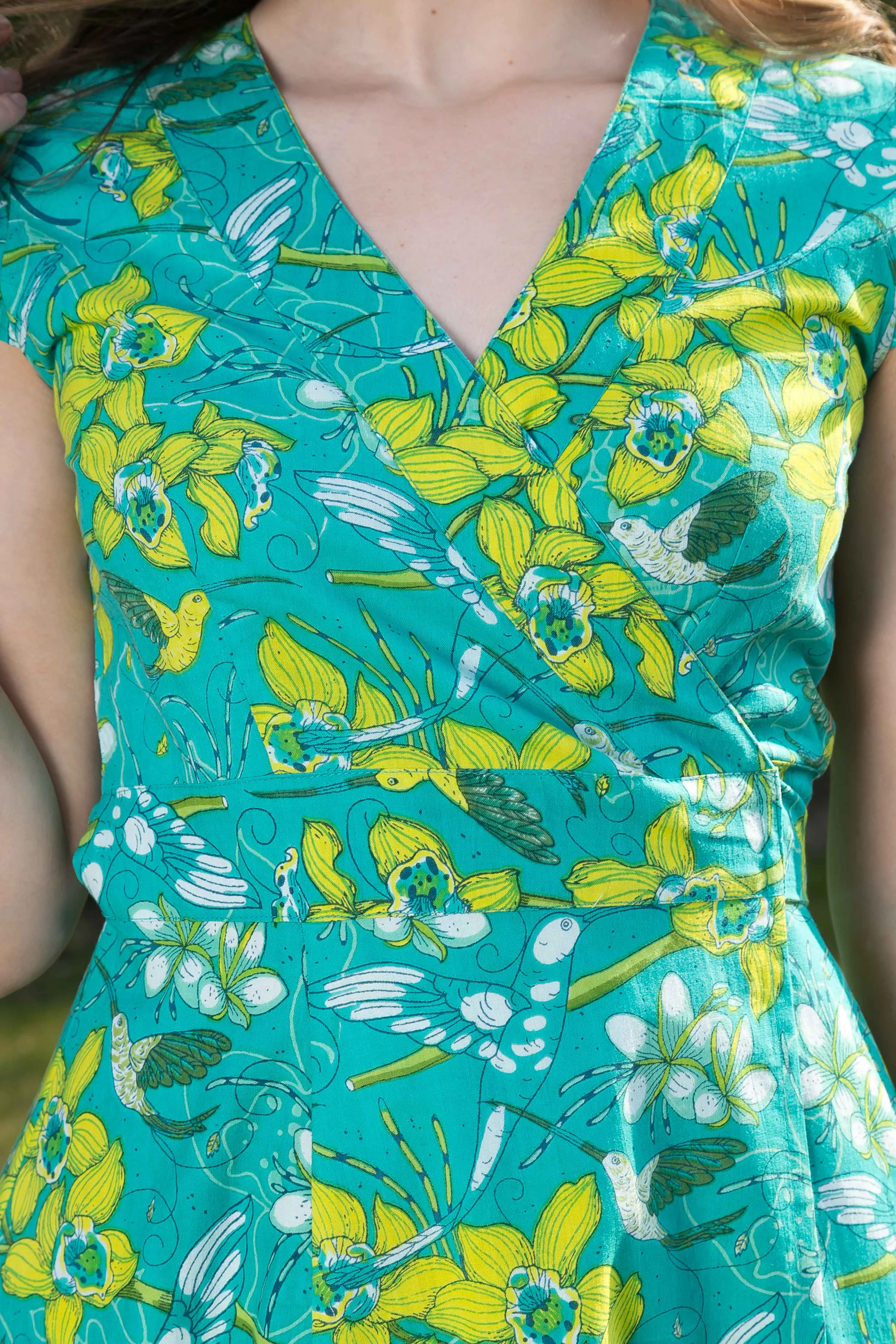 Wrap Cotton Dress Green Yellow Print